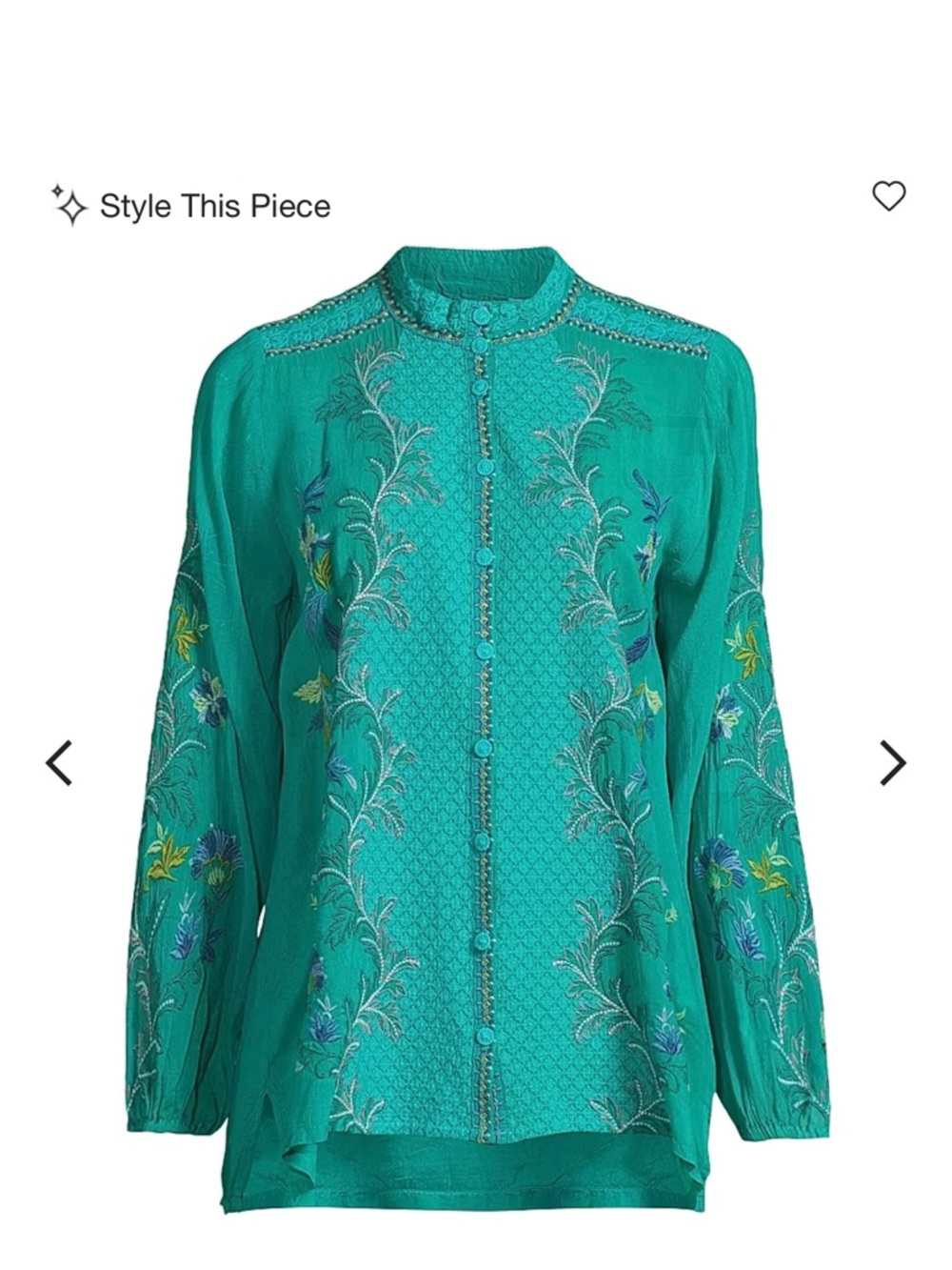 Johnny Was Teal Embroidered Button-Front Blouse - Picture 7 of 8